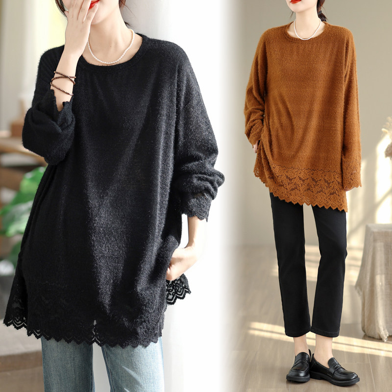 法式优雅镂空蕾丝拼接打底衫女秋季新款洋气百搭绒面长袖T恤上衣