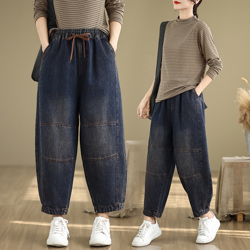 小菲家~新款春秋纯色休闲松紧腰牛仔九分哈伦裤女