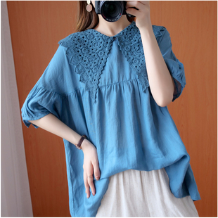 泡泡袖森系娃娃衫女2024夏季新款宽松文艺蕾丝海军领时髦短袖上衣