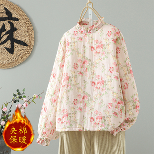 洋气苎麻印花加棉小棉袄女士冬季花边领俏皮减龄夹棉套头棉衣棉服