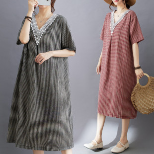 棉麻格子连衣裙女夏短袖 裙子 中长裙胖mm减龄气质蕾丝拼接V领大码