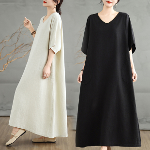 V领袍子松弛感苎麻文艺长裙子 连衣裙女棉麻宽松短袖 2025夏季 长款