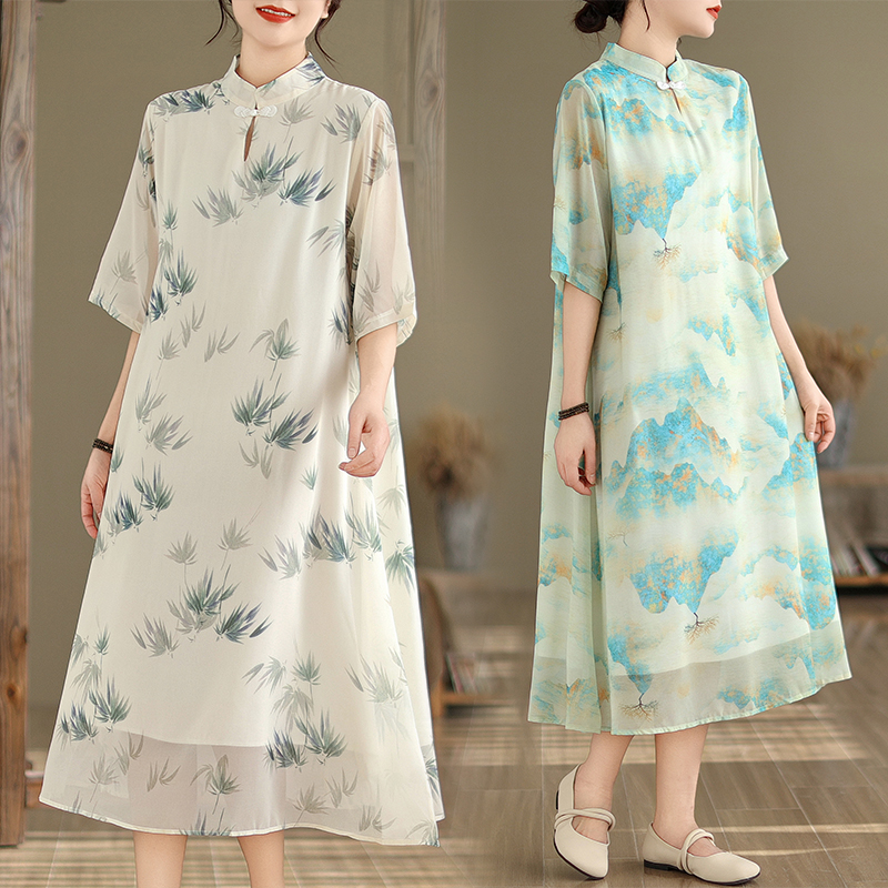 青绿色印花立领改良旗袍女夏季短袖2024年新款显白气质国风连衣裙