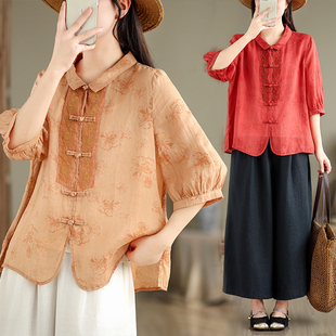 小菲家~刺绣苎麻衬衫女夏季新中式盘扣衬衣宽松五分袖上衣