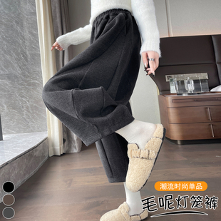 松紧腰毛呢八分灯笼裤女2025冬季胖mm梨型身材显瘦百搭阔腿哈伦裤