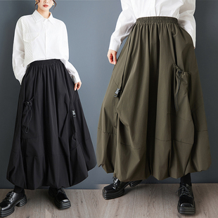 胖妹妹高腰显瘦花苞灯笼裙子 大码 日系工装 大口袋a字半身裙女春装