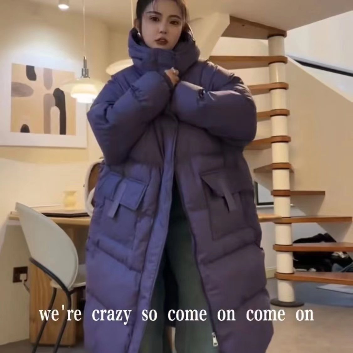 紫色羽绒棉服女冬季时尚宽松加厚保暖棉衣面包服长款过膝连帽外套