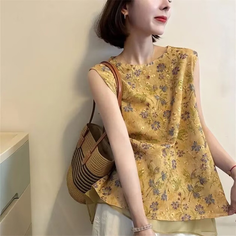 新中式国风提花无袖衬衫背心女夏季宽松显瘦气质百搭网纱拼接上衣