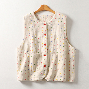 森系复古棉麻波点夹棉马甲女秋冬减龄百搭圆领无袖坎肩叠穿棉背心