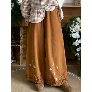 高腰宽松森系立体花朵九分休闲裤 今年流行木耳边拼接阔腿裤 女夏季