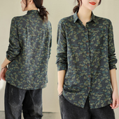 衬衫 2024秋季 复古棉麻碎花上衣女士休闲百搭翻领长袖 宽松大码 新款