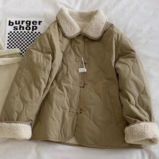 加绒加厚棉服外套女冬季2025新款正反两穿羊羔毛大码胖mm宽松棉衣