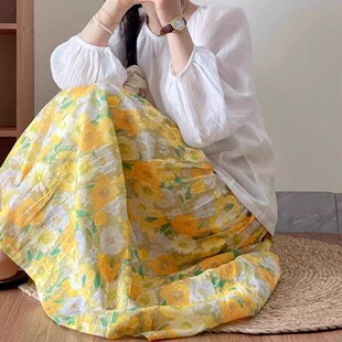 黄色水彩画碎花棉麻半身裙春夏新款法式小个子高腰中长款a字裙