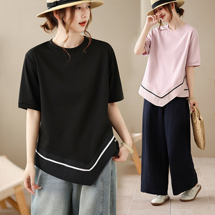 2026新款 T恤女夏季 宽松上衣潮 设计感下摆不规则撞色拼接短袖 韩版