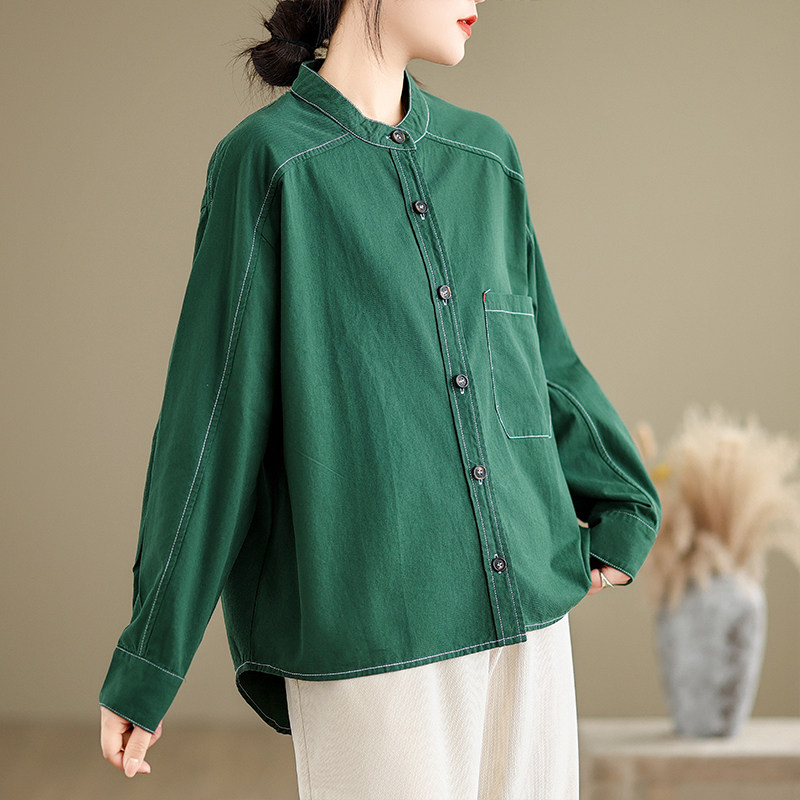 2024春秋新款复古斜纹全棉长袖衬衫女休闲百搭撞色明线打底衫上衣