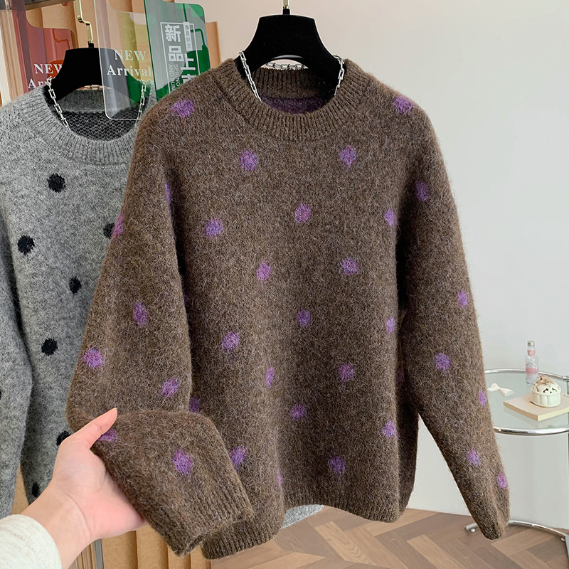 时尚洋气休闲宽松慵懒风显瘦长袖上衣女装冬百搭圆领套头针织毛衣