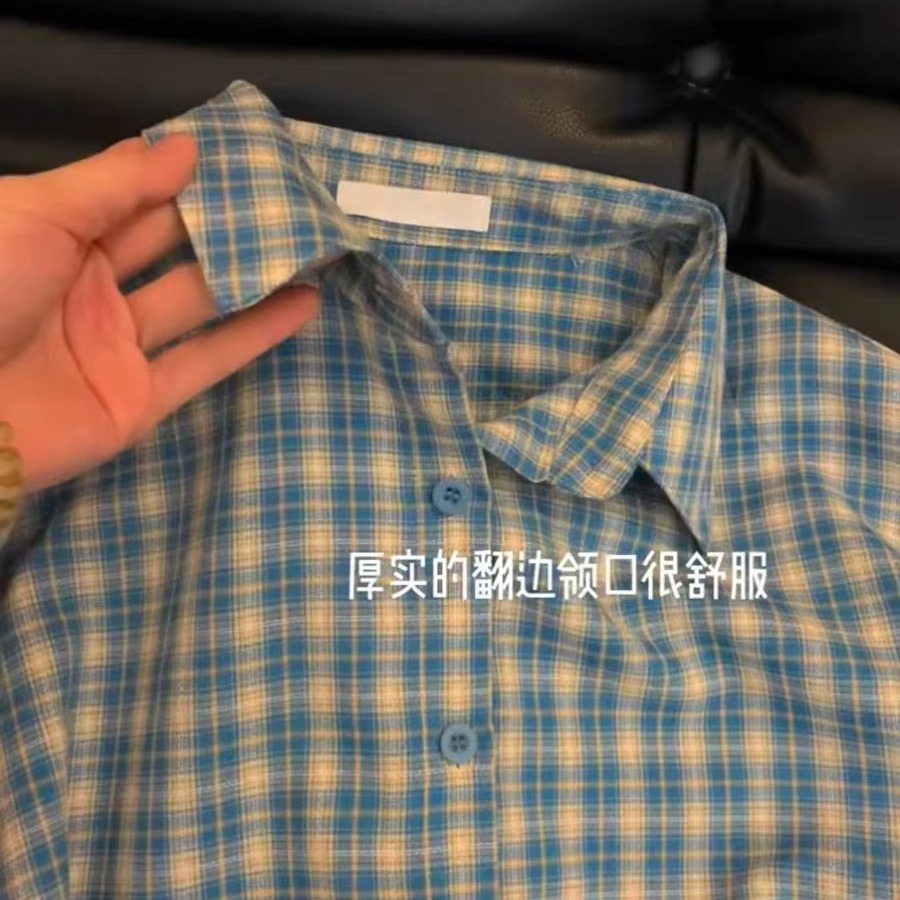 复古小众蓝色格子衬衫叠穿上衣女