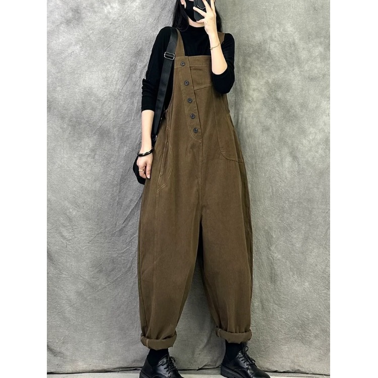 文艺斜纹全棉背带裤女秋季宽松大码复古工装吊带连体裤休闲垮裤潮