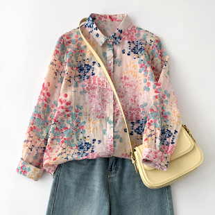 印花防晒衬衣潮 2025春夏百搭宽松森系气质薄款 苎麻碎花衬衫 女长袖