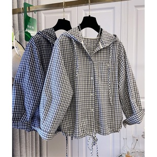 宽松休闲外套连帽衬衣开衫 女春秋大码 潮 衬衫 港风复古蓝色格子长袖