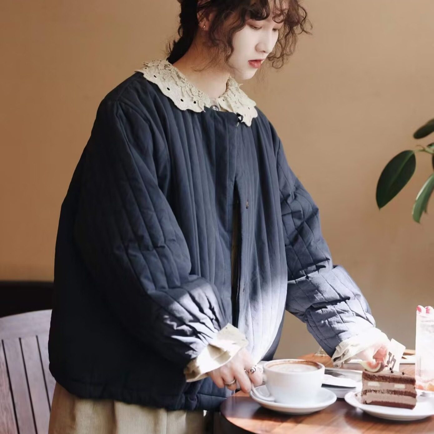 森系甜美纯色棉袄保暖夹棉短外套