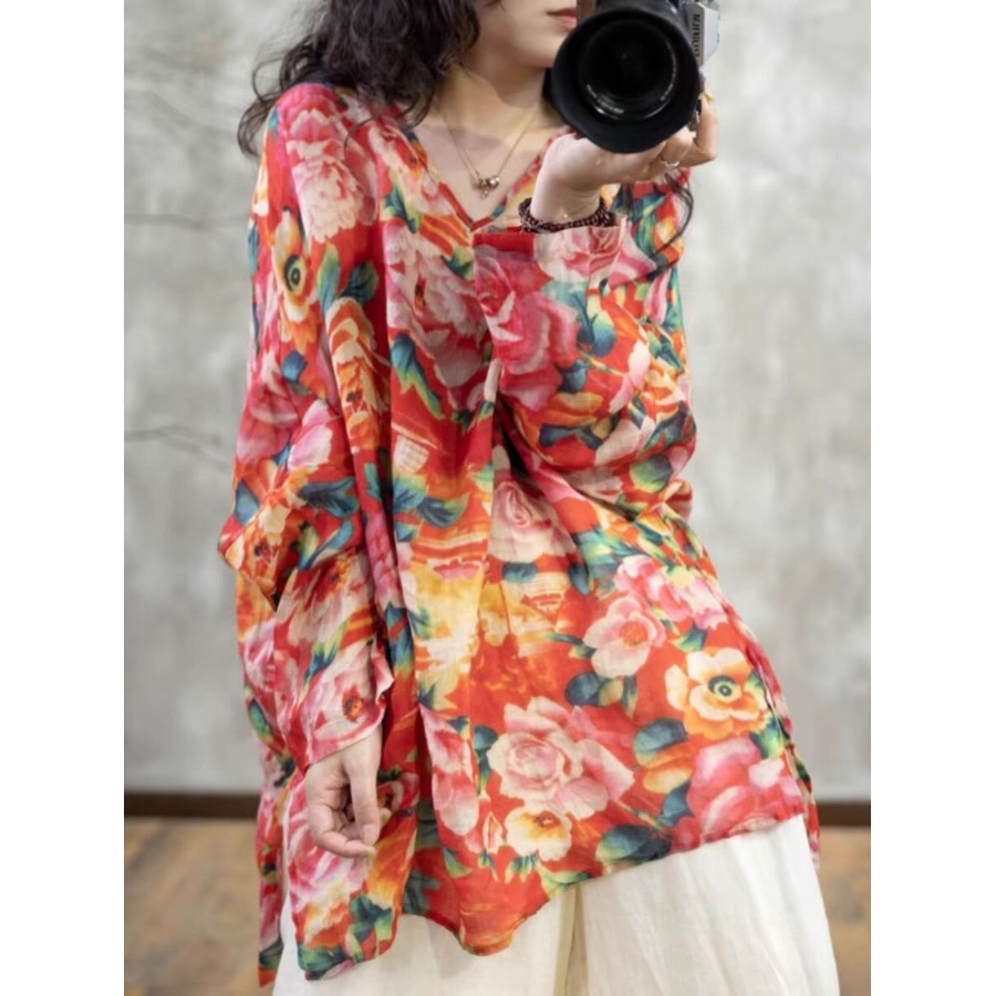 高端洋气v领苎麻长袖衬衫女早秋轻薄个性中长款棉麻套头上衣t恤