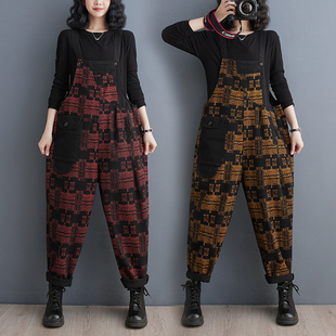 哈伦长裤 宽松显瘦拼接大口袋连体裤 女春季 复古洋气印花牛仔背带裤