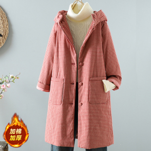 冬装 夹棉棉衣中长款 外套 加厚保暖连帽棉袄大码 复古格子棉服女冬季