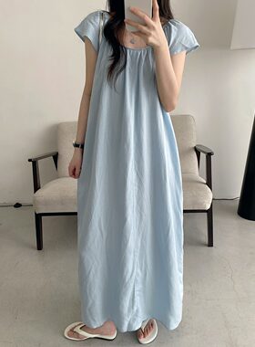 慵懒松弛感天丝亚麻裙女夏季新款宽松小飞袖前后大U领连衣裙长裙