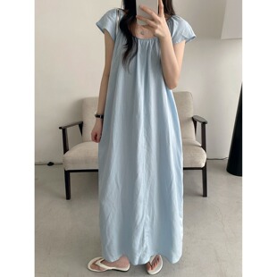 慵懒松弛感天丝亚麻裙女夏季新款宽松小飞袖前后大U领连衣裙长裙