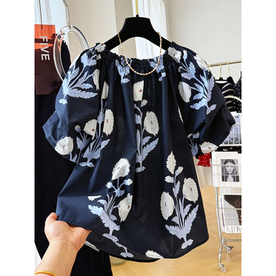 高级感轻奢复古印花泡泡短袖绝美很仙一字肩上衣女夏独特漂亮小衫