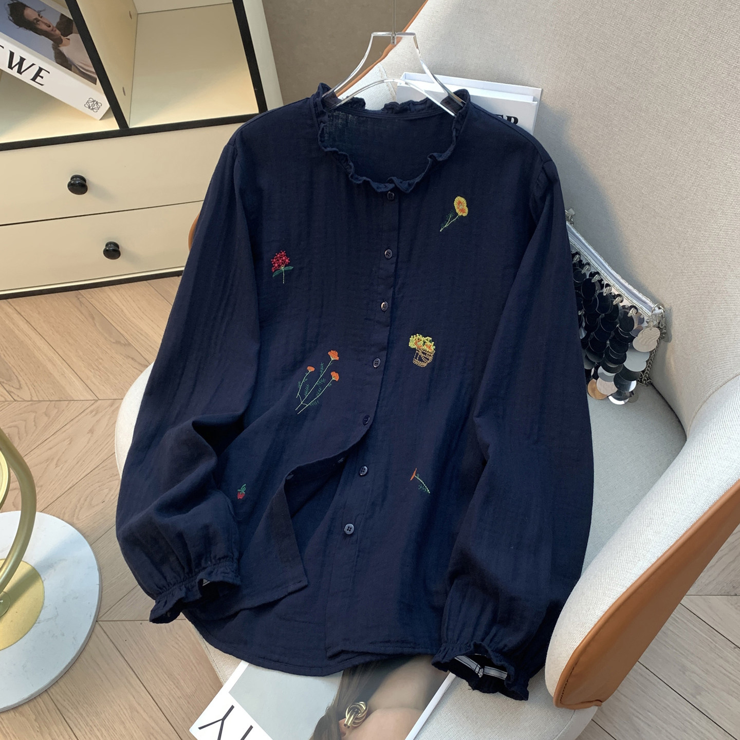 韩系木耳领双层棉纱刺绣衬衫女2026新款春秋宽松长袖内搭打底衬衣,女装/女士精品,大码内搭,淘宝优惠券,粉丝福利购,淘宝优惠卷