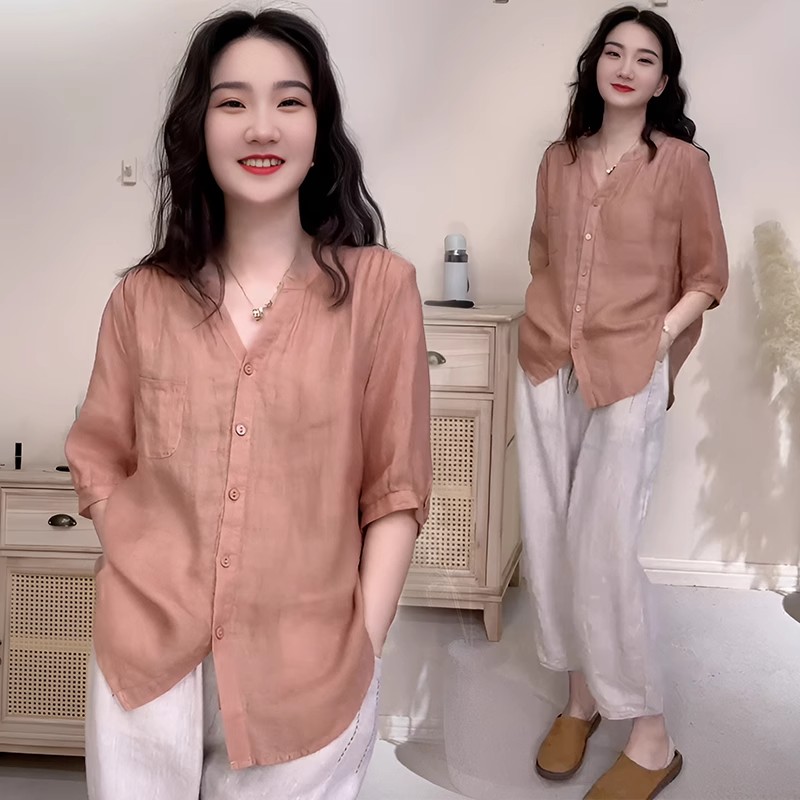韩版气质纯色简约苎麻衬衫女夏季薄款宽松V领五分中袖洋气小衫潮