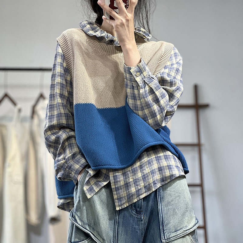 韩版洋气拼色无袖毛衣背心女士宽松休闲百搭圆领套头卷边针织马甲