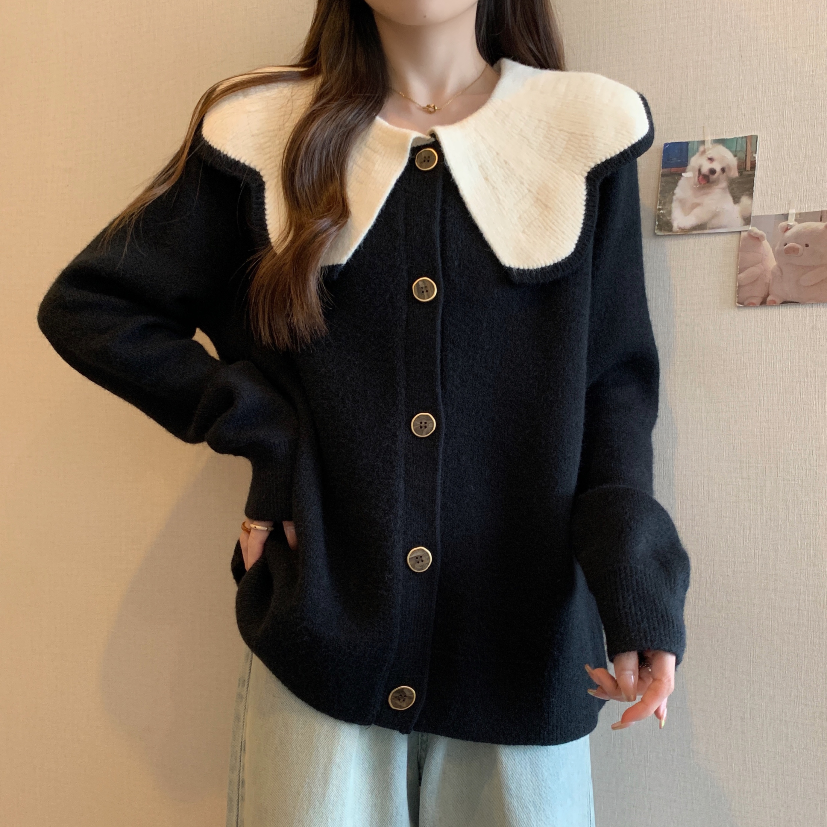 大码秋冬撞色娃娃领毛衣女