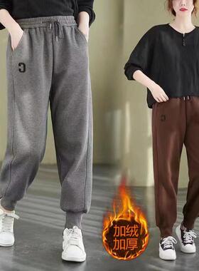 灰色运动裤女秋冬胖mm宽松大码休闲百搭加绒加厚卫裤冬季外穿长裤