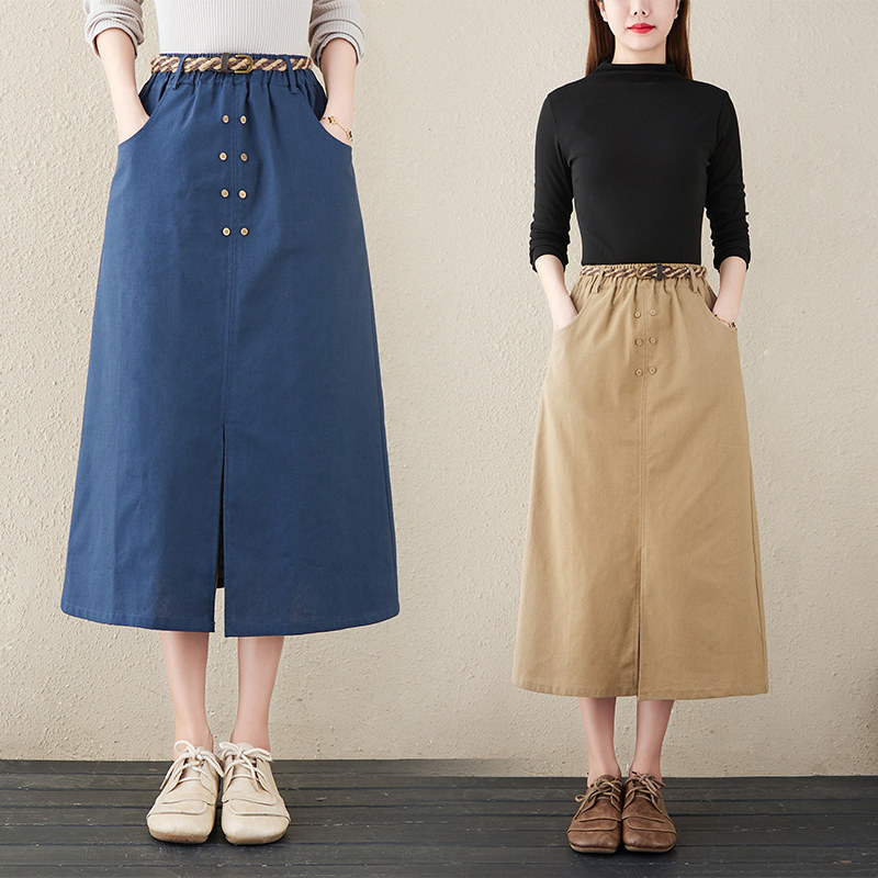 春季2024新款复古全棉半身裙松紧腰显瘦A字裙中长款纯色开叉裙子,女装/女士精品,半身裙,淘宝优惠券,粉丝福利购,淘宝优惠卷
