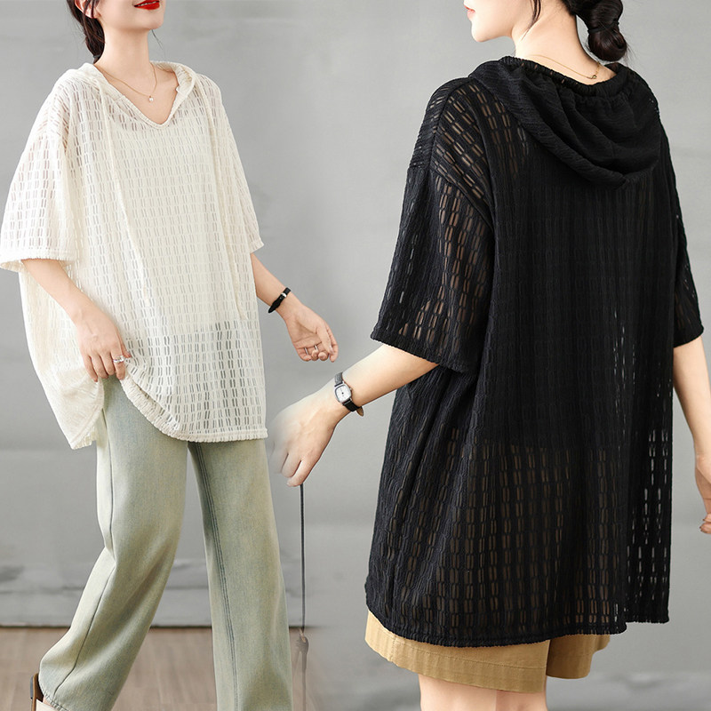 设计感镂空连帽短袖T恤女夏宽松大码胖mm叠穿外搭罩衫中长款上衣