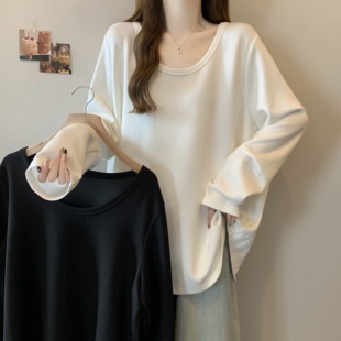 上衣胖妹妹休闲百搭圆弧下摆遮肚显瘦T恤衫 大码 宽松长袖 秋季 女装
