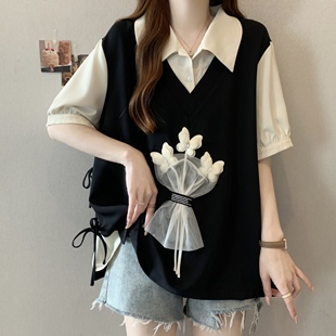 立体花朵设计感短袖 微胖MM大码 韩版 拼接撞色假两件衬衫 上衣 女夏季
