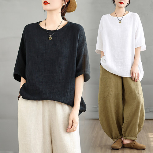中国风文艺肌理感棉麻半袖T恤女