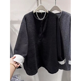 高端欧货2024冬季 宽松休闲半开领无帽套头软糯呢料卫衣外套女 新款