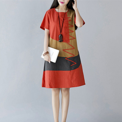 夏季新款民族风拼接棉麻连衣裙