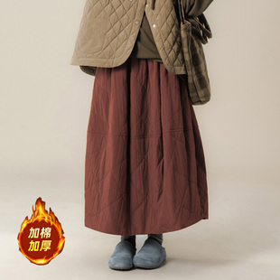 日系复古菱格夹棉加厚半身裙女冬季宽松中长裙加棉保暖花苞棉裙子