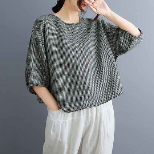 2025夏款文艺格子五分袖t恤女士气质宽松休闲亚麻方领套头上衣潮
