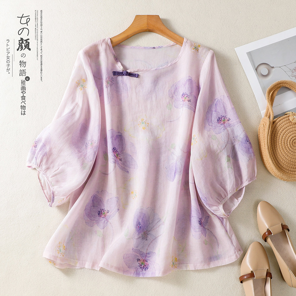 紫色新中式晕染苎麻衬衫女夏薄款宽松套头圆领盘扣小衫灯笼袖上衣
