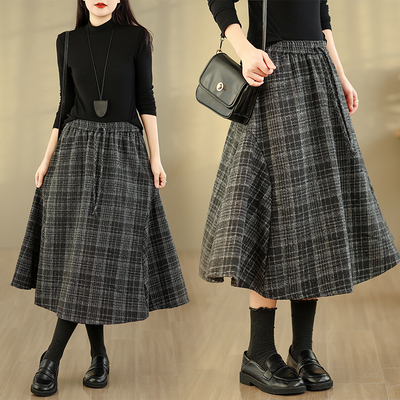 格子毛呢半身裙女秋冬复古百搭松紧腰格纹伞裙遮跨显瘦a字中长裙