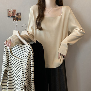 法式 微胖mm显瘦内搭洋气坑条打底衫 方领长袖 上衣女秋季 针织衫 大码