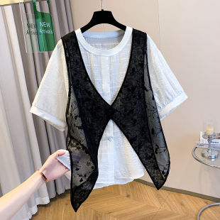 胖mm 上衣潮夏季 欧货洋气网纱拼接假两件衬衫 显瘦百搭宽松圆领短袖