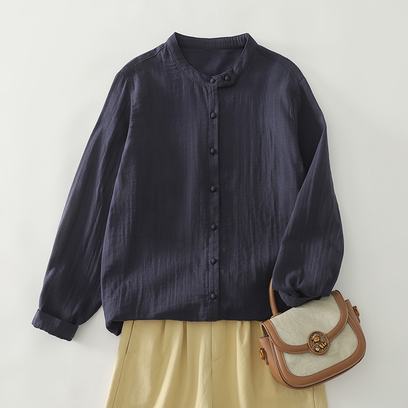 春秋立领双层棉纱长袖白色衬衫女